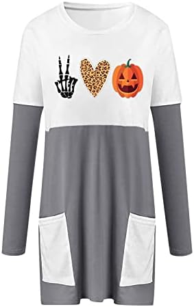 Женствена Рокля-риза на Хелоуин с Джоб, Ежедневна Туника с Цветен Блок, Блузи с Дълъг Ръкав, Активна Руното