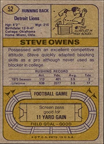 1974 Topps # 52 ONE Стив Оуенс Детройт Лайънс (Футболна карта) (1973 Ред области и за една звезда, преди копирайтом на гърба), БИВШ Лайънс Оклахома