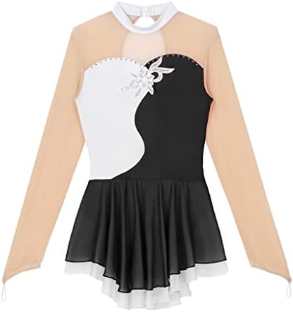 Грецкая Орех За възрастни, Сетчатое рокля за фигурата каране на кънки на лед с дълъг ръкав, Балетное Трика, рокля с кристали, Лиричен Танц костюм (Цвят: черен размер:
