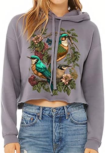 Дамски Укороченная hoody с качулка Colorful Birds - Илюстрация на кратък път блузи с качулка - Hoody с качулка
