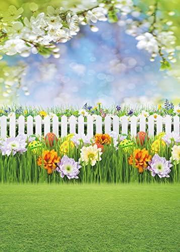 Пролетен Великденски Фон Великденски Яйца Градински Цветя Ограда, Зелената Трева Боке Небето Фон За Снимки на