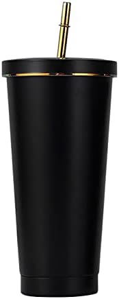BLMIEDE Двупластова Преносима Самозалепваща чаша От Неръждаема Стомана С ръбове, Креативна Слама Чаша, Здрава Боя, 500 мл, Чаши за Пиене, Керамика (черен, един размер)