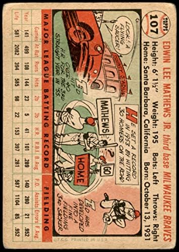 1956 Topps 107 С Еди Мэтьюзом Милуоки Брейвз (Бейзболна картичка) (Бяла спин) СПРАВЕДЛИВИ Брейвз