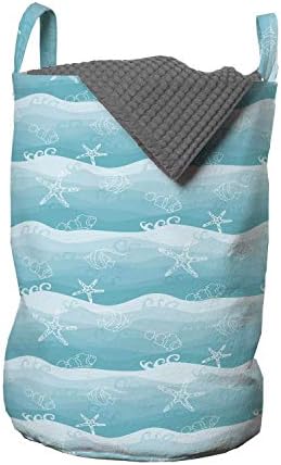 Чанта за дрехи Ambesonne в морски стил, Елегантен морски звезди и Риби вълни с ефект омбре, Кошница за дрехи