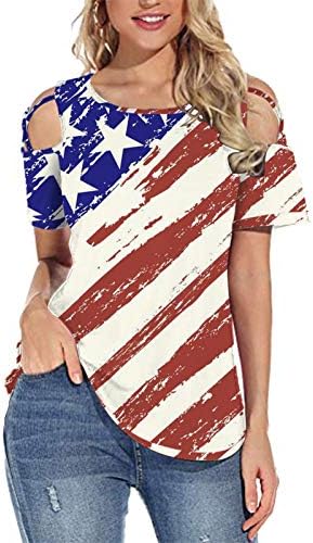 На 4 юли, Тениски за жени, Туника с къс ръкав и V-образно деколте, Потник с Американския Флаг на Звезди, Райета