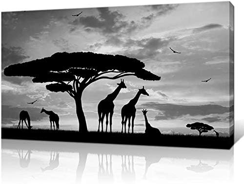 Artsbay Животно Платно Стенно Изкуство Семейство Жирафи Под едно Дърво на Картина Разпечатки Черно-бял Пейзаж