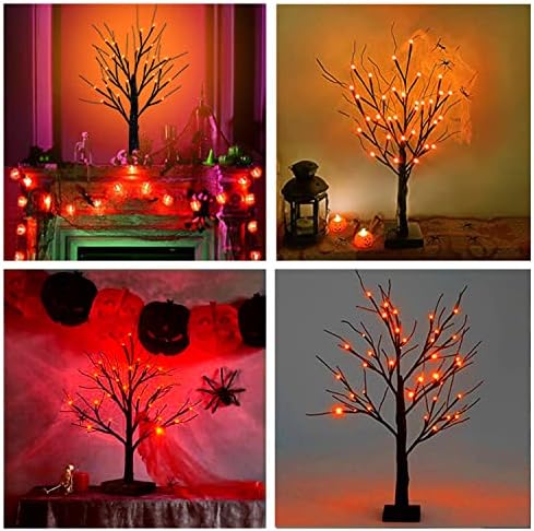 2 Фута Осветени Черна коледна Елха на Хелоуин с 24 led оранжеви Светлини, Обновена Зловеща Дърво за Плота, на